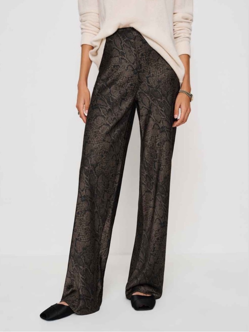 Reformation Gale Satin Mid-Rise Bias Pants Small Venom Snake Brown